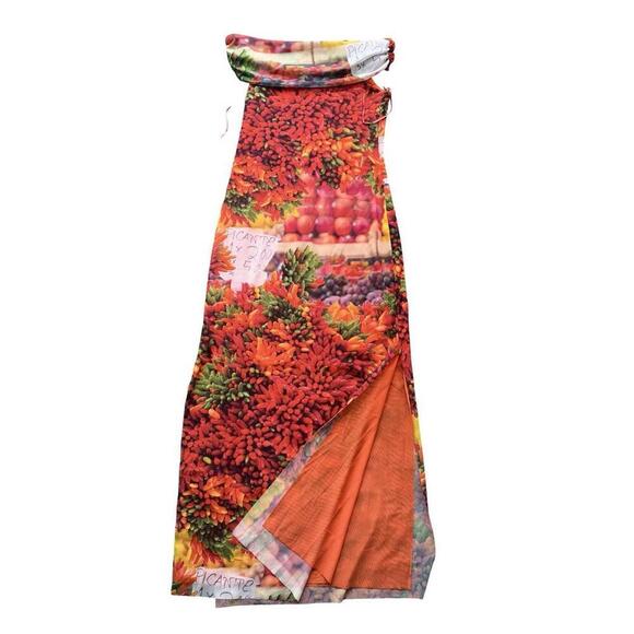ZARA Over the Shoulder Picante All Print Tulle Bodycon Maxi Dress Fruit M New - Picture 3 of 4